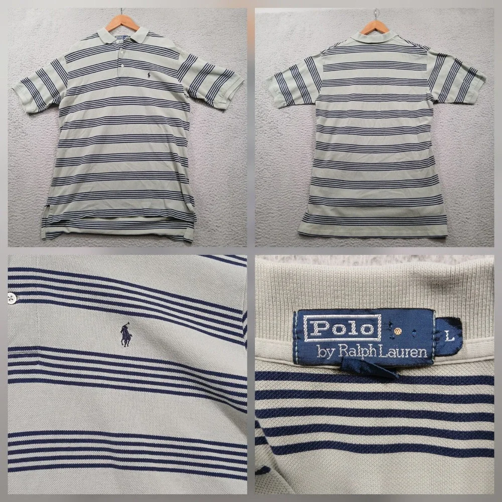 Polo Ralph Lauren‎ Polo Shirt Mens Large Cream Blue Stripe Short Sleeve